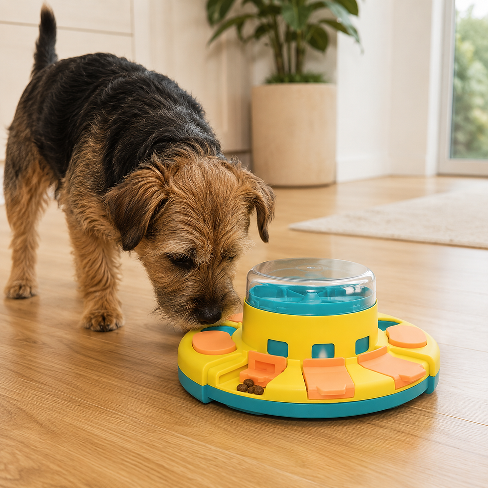 Hond gebruikt SnackUFO snackpuzzel met brokjes op houten vloer