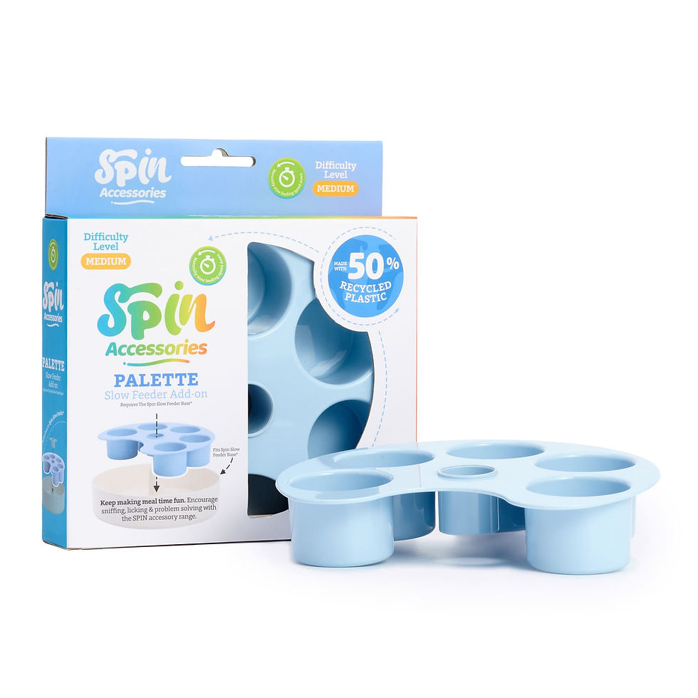 Thumbnail: SPIN Palette slow feeder accessoire hond met verpakking en losse blauwe accessoire