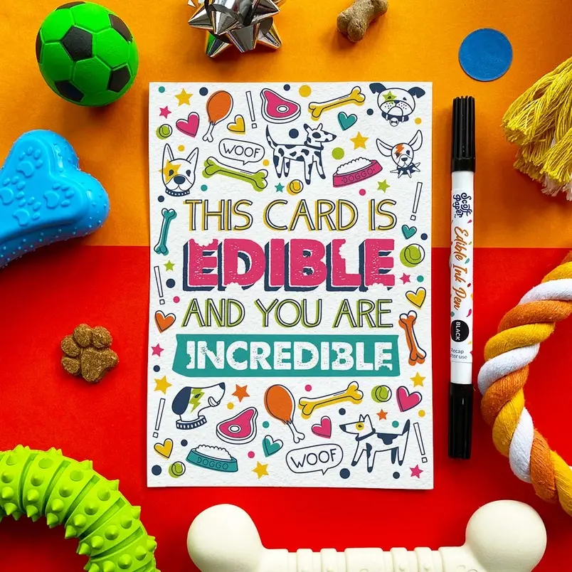 Thumbnail: Eetbare hondenkaart voor verjaardag met invulbare Scoff Paper pen en kleurrijke illustraties