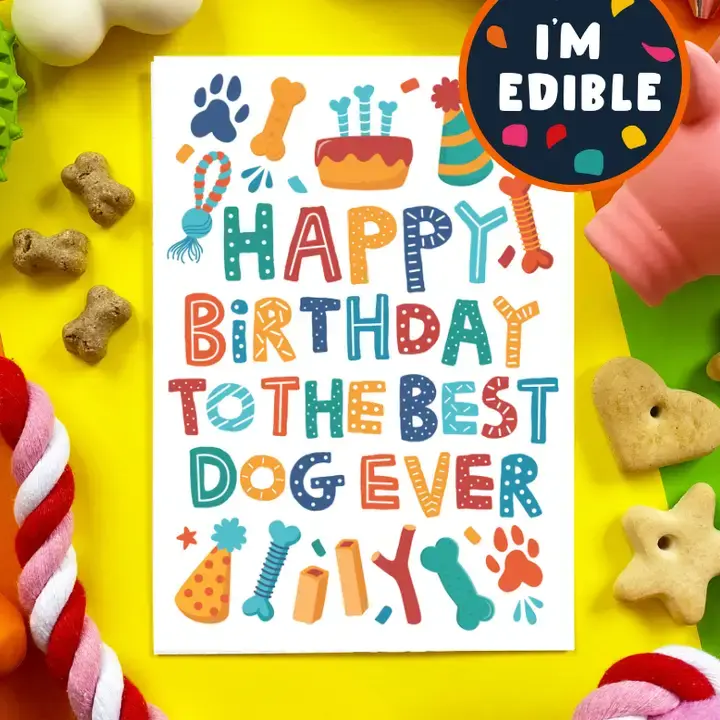Scoff Paper Happy Birthday Best Dog eetbare hondenkaart met kleurrijke verjaardagstekst en hondensnoepjes