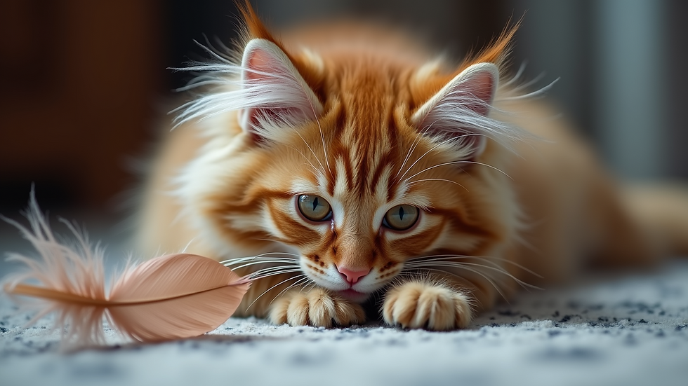 Close-up view of a Maine Coon cat playing with a feather toy