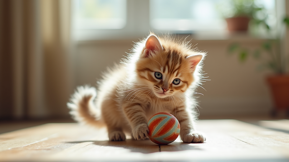 Close-up view of a Maine Coon kitten playing with a toy in a bright room
