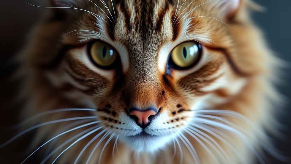 Close-up view of a Maine Coon cat’s face with bright eyes