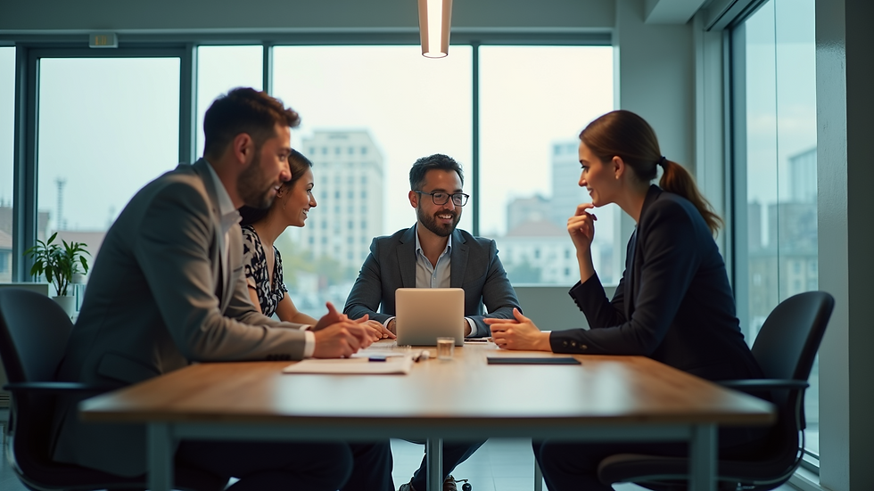 Eye-level view of a business team collaborating in a modern office