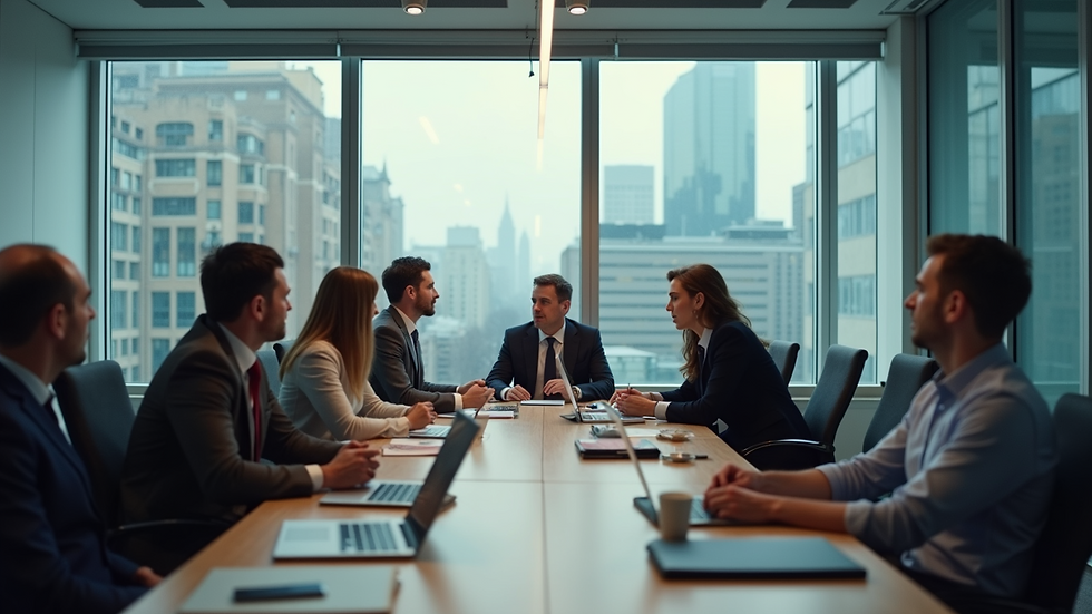 Eye-level view of a business team discussing strategies in a modern office setting