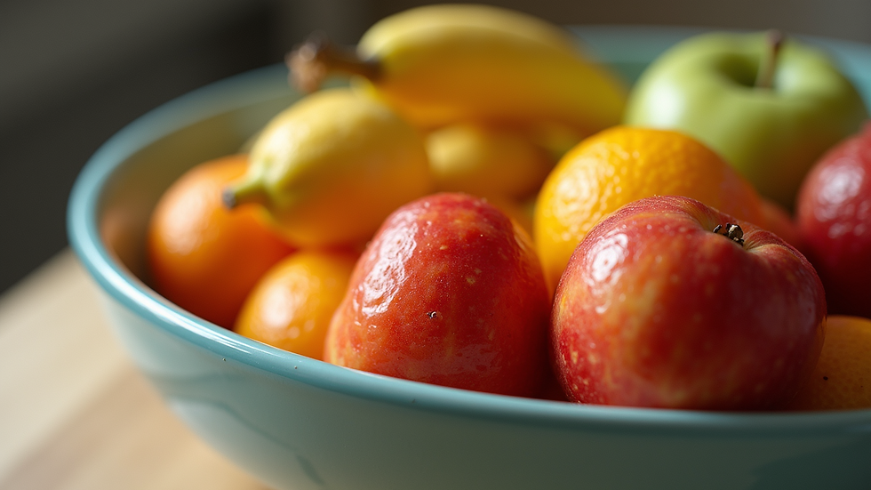 Close-up view of a colorful fruit bowl