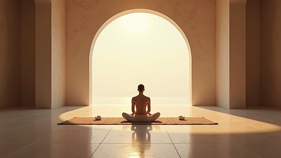 Eye-level view of a serene meditation space with soft lighting