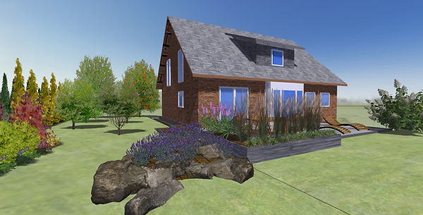 Ein Beispiel für einen von uns gestalteten Garten. Das Foto ist ein Screenshot aus der Gartengestaltungssoftware, die wir in