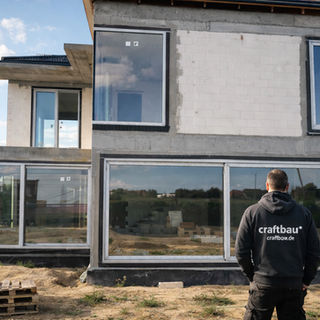 Neubau Frontansicht mit zwei großen Panoramafenstern im Erdgeschoss