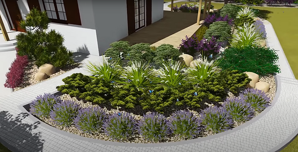 Ein Beispiel für einen von uns gestalteten Garten. Das Foto ist ein Screenshot aus der Gartengestaltungssoftware, die wir in