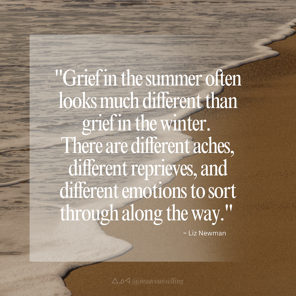 Quote over a sandy beach background with incoming waves. Text reads: "Grief in the summer... emotions to sort through along the way." ~ Liz Newman.