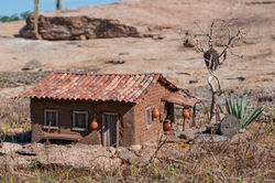 Casa de adobe cru com carro de boi e sisal ao lado