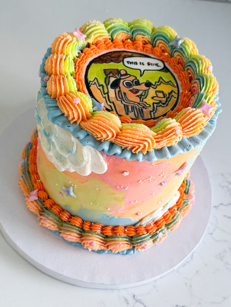 meme cake, this is fine, dumpster fire cake, world on fire, sparkly cake, birthday cake