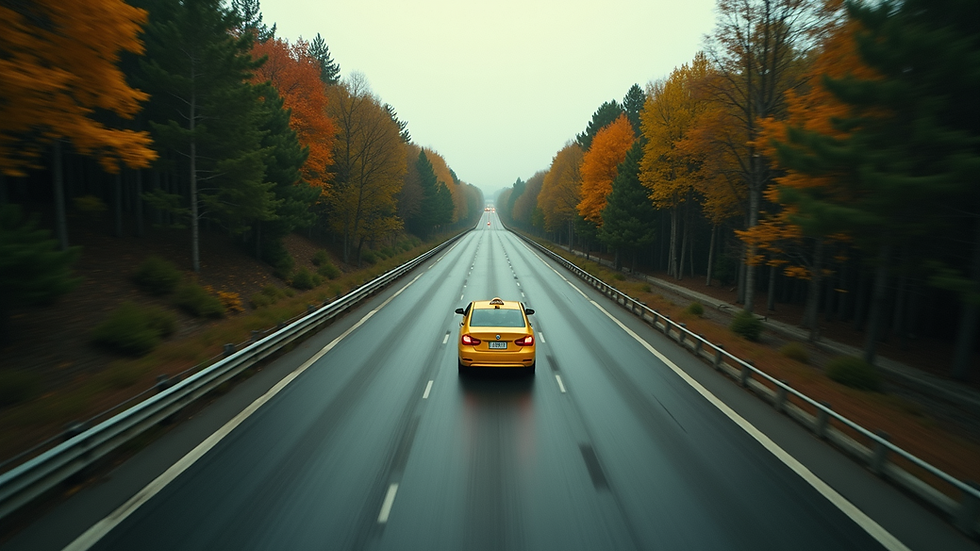 High angle view of a taxi driving on a highway surrounded by trees