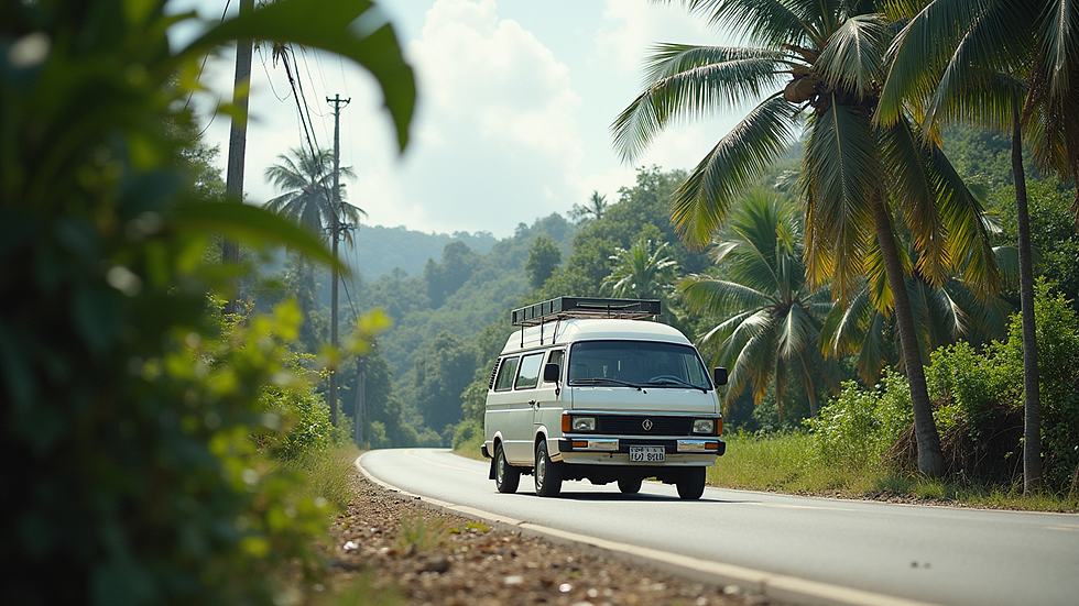 Eye-level view of a white van parked near a tropical roadside in Bohol