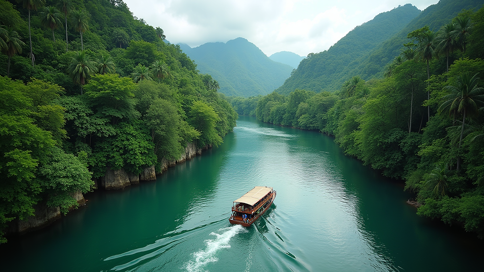 High angle view of a boat cruising on the Loboc River surrounded by lush greenery