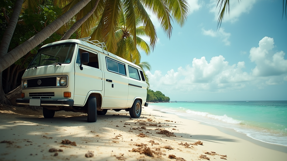 Eye-level view of a white van parked near a tropical beach in Bohol