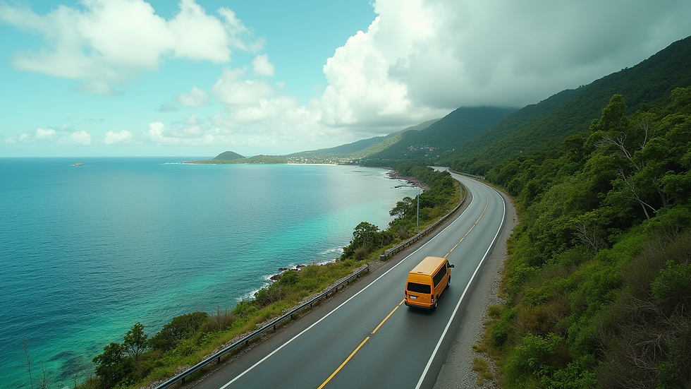 High angle view of a scenic coastal road in Bohol with a van driving