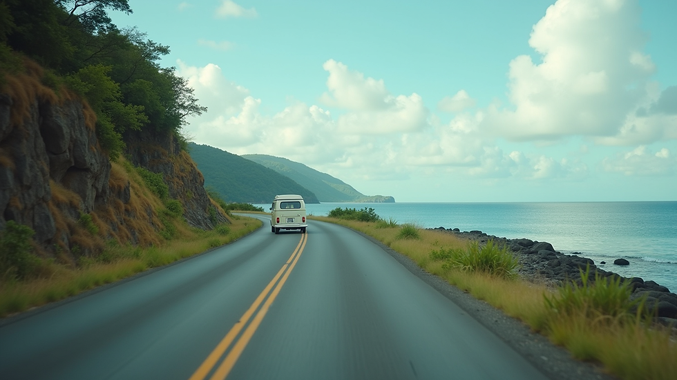 Wide angle view of a van driving along a scenic coastal road in Bohol