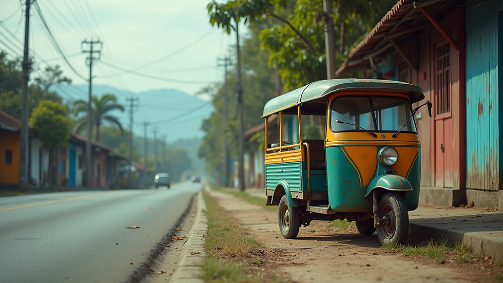 Eye-level view of a colorful tricycle parked by a roadside in Bohol