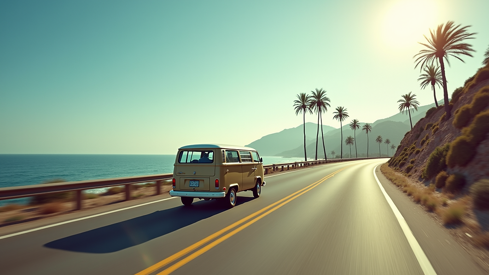 Wide angle view of a van driving along a coastal road with palm trees
