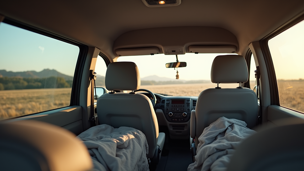 Wide angle view of a comfortable van interior with seats and luggage space