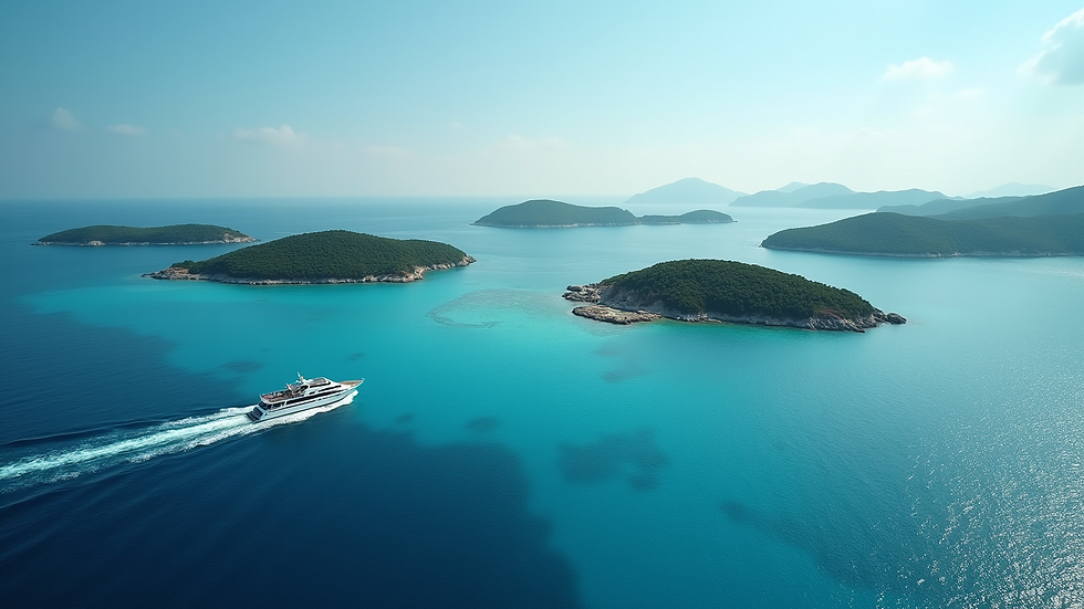 Wide angle view of a boat cruising near small islands with clear blue water