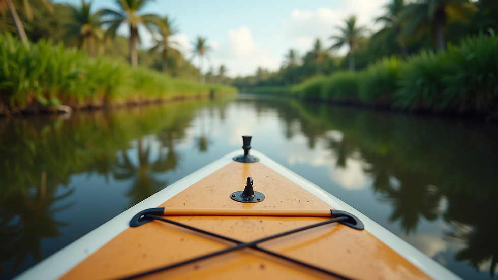 Eye-level view of a paddleboard resting on a calm riverbank with tropical plants in the background