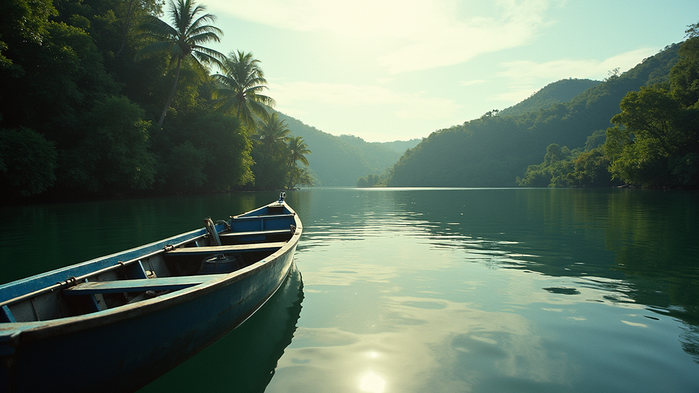 Eye-level view of a boat docked near a Bohol river with lush greenery