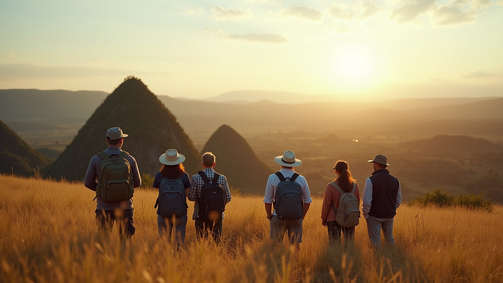 Wide angle view of a group of tourists listening to a guide near the Chocolate Hills