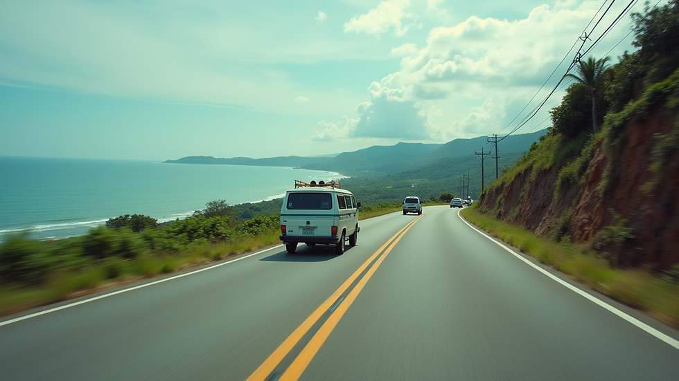 Wide angle view of a group van driving along a scenic coastal road in Bohol