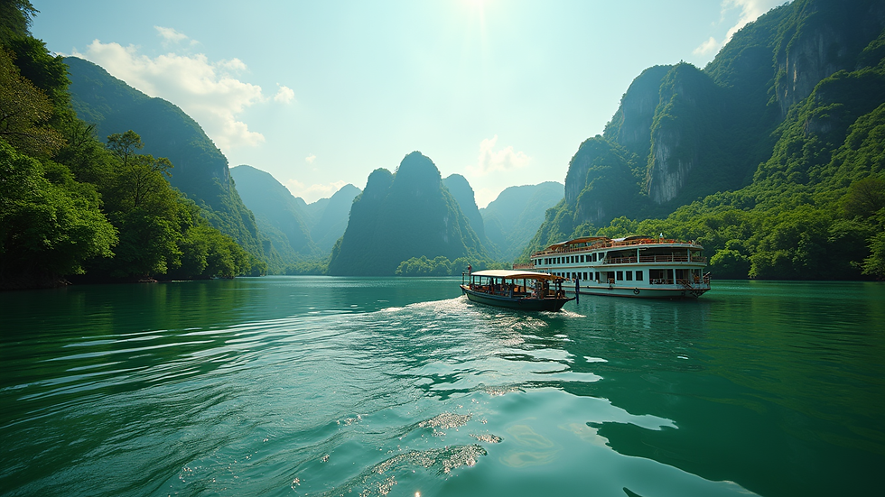 Wide angle view of a river cruise boat on the Loboc River surrounded by green trees