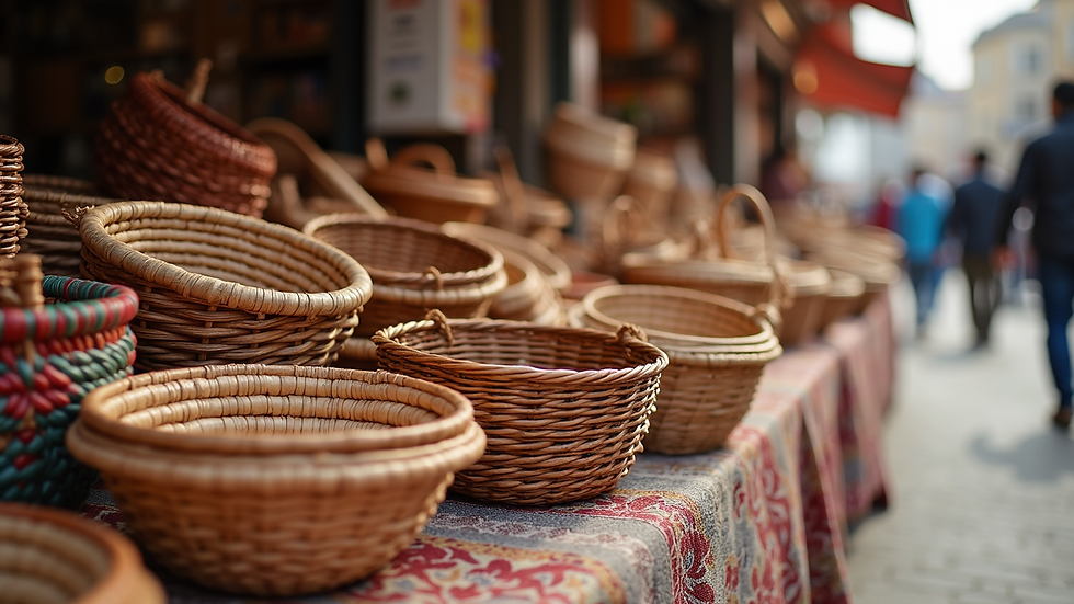 Eye-level view of colorful woven baskets displayed at a market stall