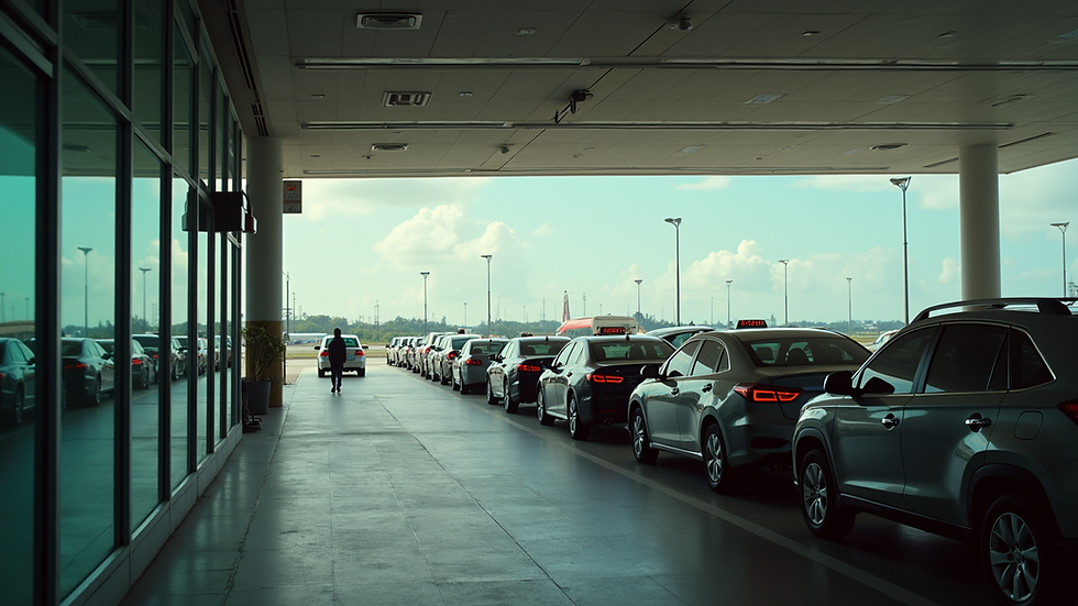 Wide angle view of Bohol airport taxi queue with several cars lined up