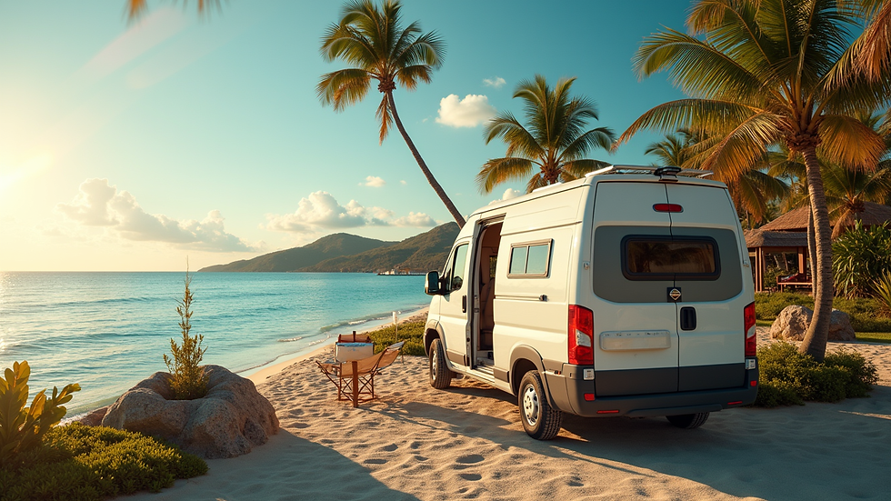 Wide angle view of a comfortable van parked near a tropical resort