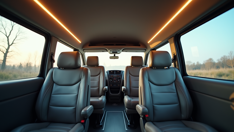 High angle view of a comfortable van interior with spacious seating and air conditioning