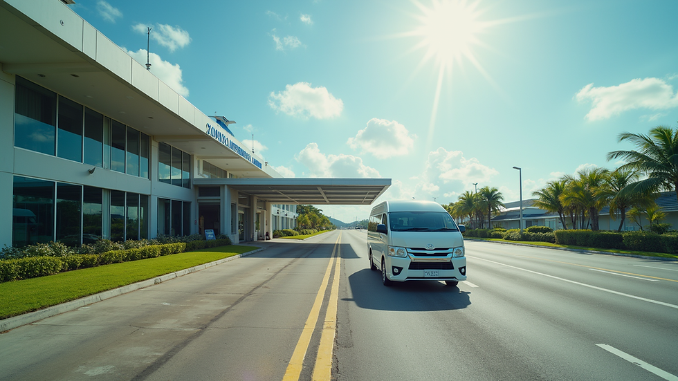 Eye-level view of a white van parked outside Panglao International Airport
