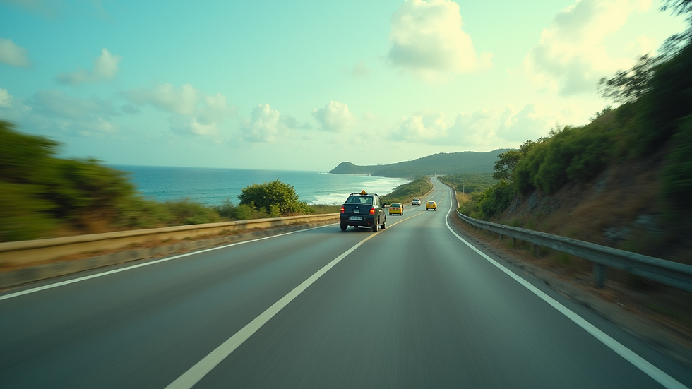 Wide angle view of a taxi driving on a coastal road in Bohol