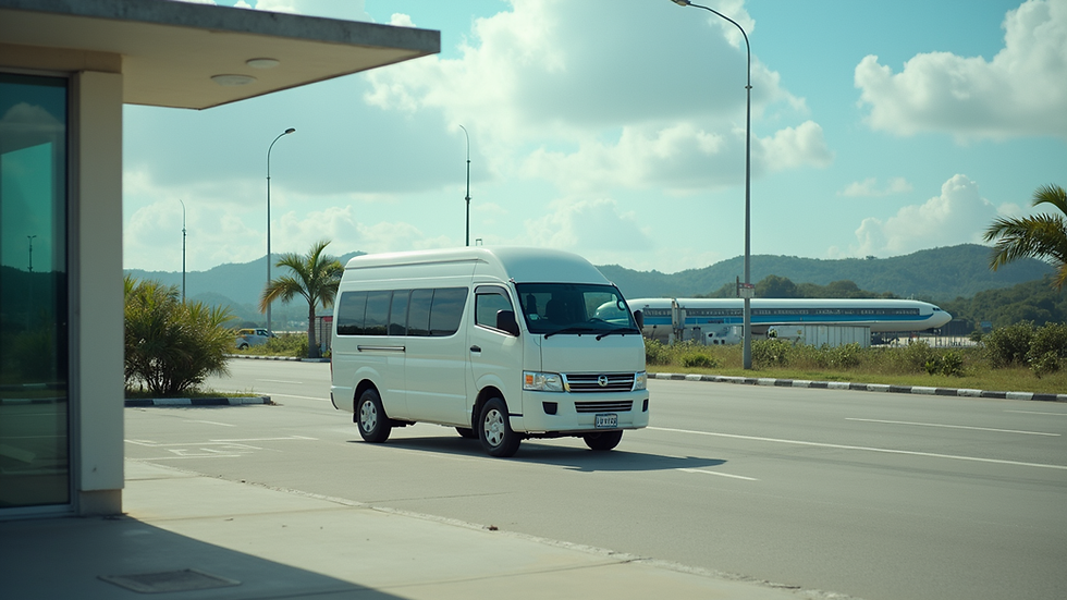 Eye-level view of a white van parked outside Tagbilaran Airport ready for passengers