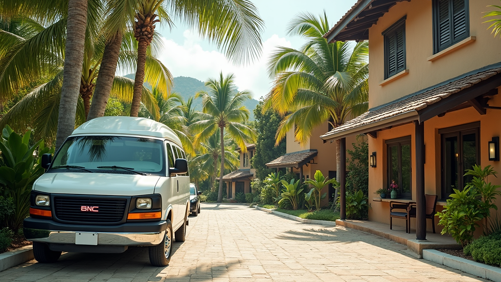 Eye-level view of a white van parked at a tropical resort entrance