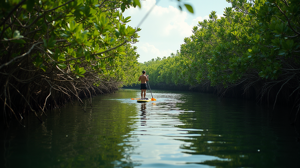 Wide angle view of a paddleboarder navigating through a narrow river surrounded by dense mangrove trees