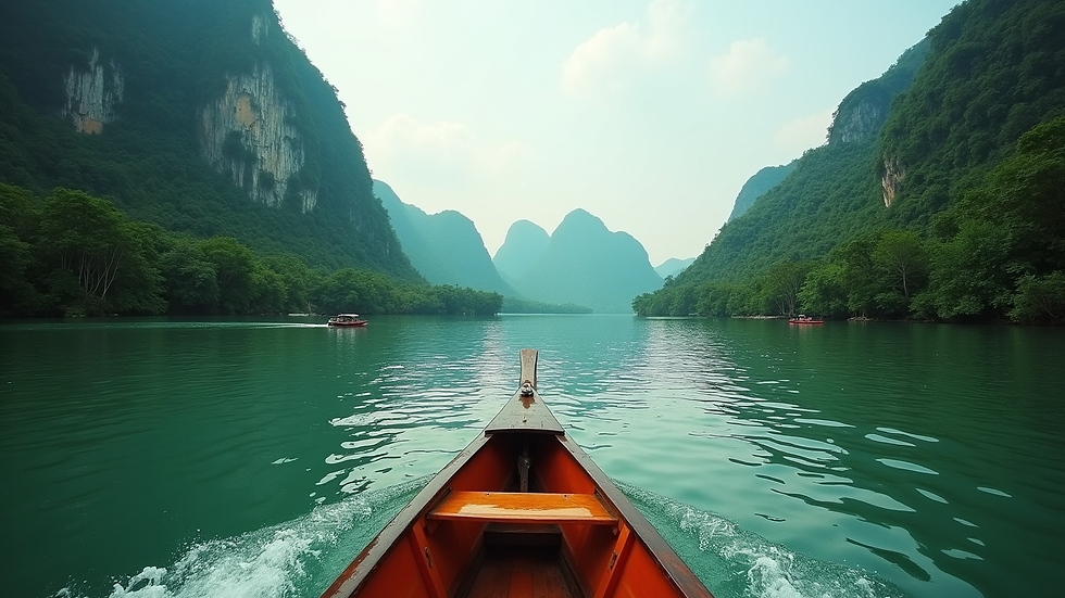 Wide angle view of a boat cruising along the lush Loboc River