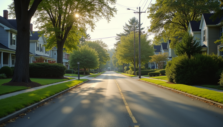Eye-level view of a quiet suburban street lined with trees and well-maintained houses