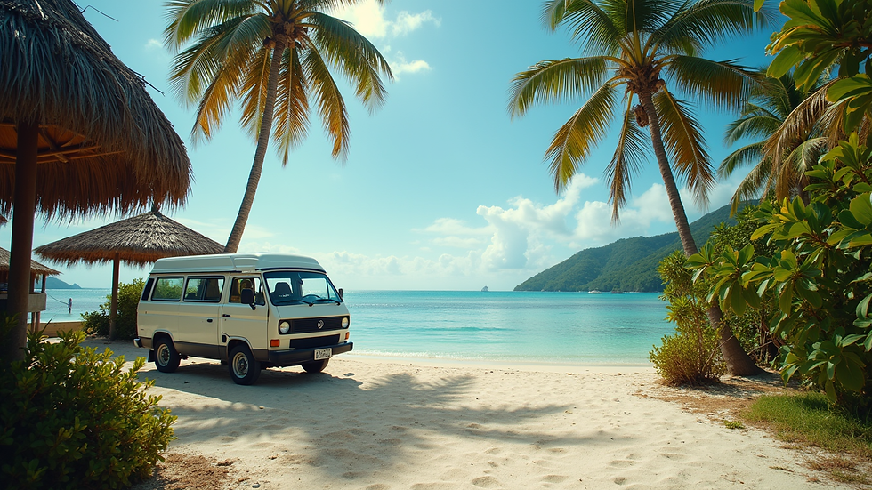 Wide angle view of a white van parked near a tropical resort in Bohol
