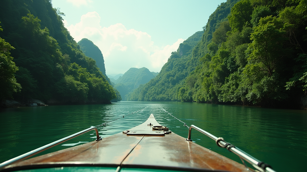 Eye-level view of Loboc River cruise boat gliding through lush greenery