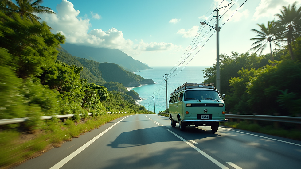 Wide angle view of a van driving along a coastal road in Bohol with lush greenery