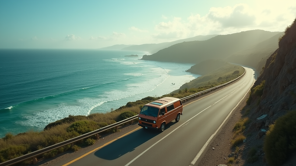 High angle view of a van driving along a coastal road in Bohol