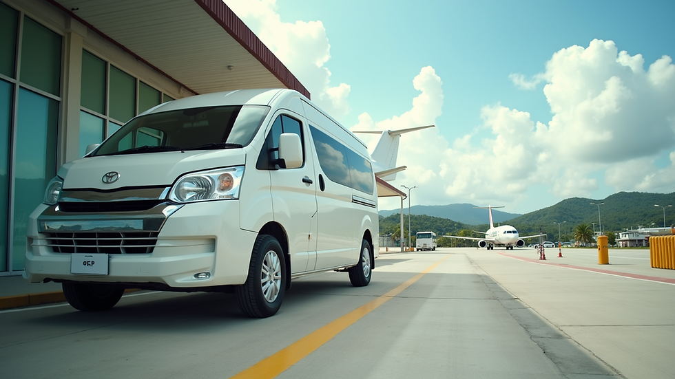 Eye-level view of a clean white van parked outside Panglao Airport