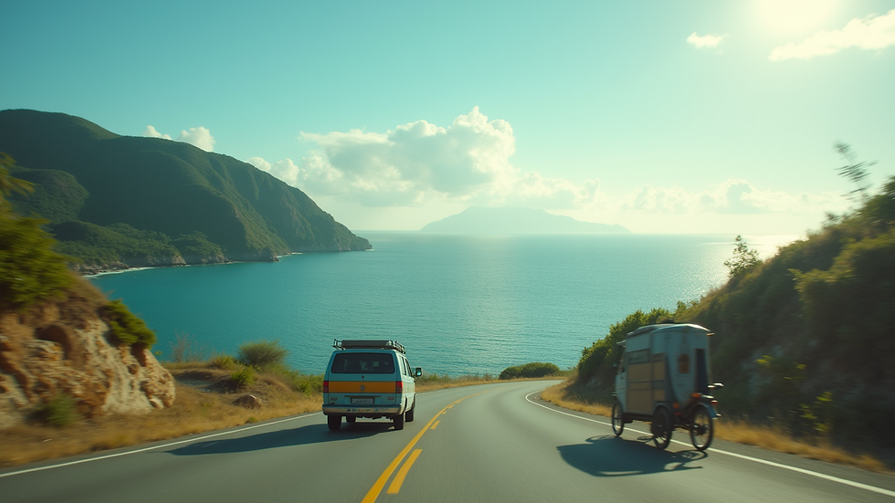 Wide angle view of a van driving along a coastal road in Bohol