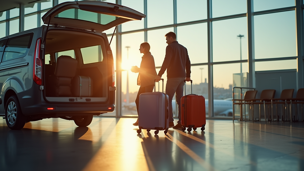 Eye-level view of a family loading luggage into a van at the airport
